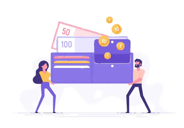 Vector illustration of Happy man and woman are holding a huge wallet with money and credit cards. Family budget and finance concept. Home savings and investments. Modern vector illustration.