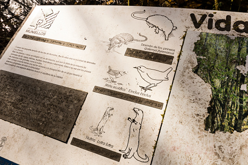Asturias, Spain. Wildlife sign at the Muniellos Nature Reserve with drawings of an otter, a Pyrenean desman and a white-throated dipper