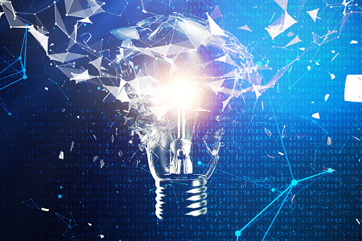 3D illustration exploding light bulb on a blue background, concept creative thinking and innovative solutions. Network connection lines and dots. Innovative idea