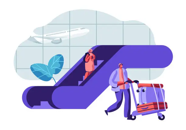 Vector illustration of Traveler Passengers Waiting for Departure in Airport. People Characters with Baggage in Airport Terminal and Flying Plane. Vector flat illustration