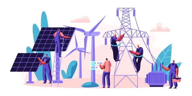 Vector illustration of Electrical Utility Delivery of Energy to Consumer. Electricity Transmission and Distribution. Character Installation Solar Panel and Maintenance Wind Turbine. Flat Cartoon Vector Illustration