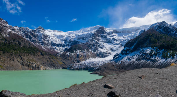 Panoramic view Tronador Mountain Panaromic view of glaciers in inactive volcano Tronador. You can see white glacier on the top and black glacier at the base of the mountain. bariloche stock pictures, royalty-free photos & images