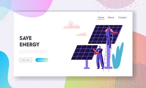 alternative clean energy concept mit solar panels und engineer character landing page template. website für erneuerbare solarzellen, webseite banner. vector flache illustration - solar flat panel stock-grafiken, -clipart, -cartoons und -symbole