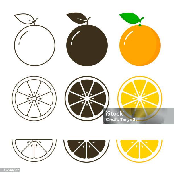 Orange Fruit Icon Collection Vector Outline And Silhouette Set Cut Of Orange Stock Illustration - Download Image Now