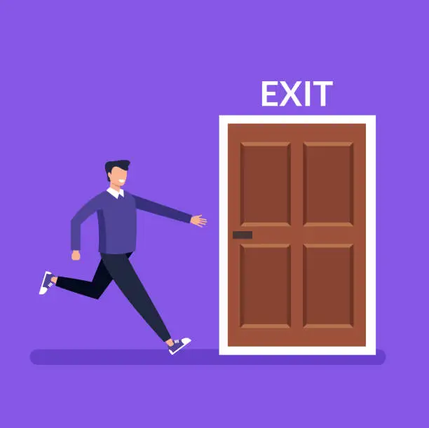 Vector illustration of Man character running fast to door exit. Vector design graphic flat cartoon isolated illustration