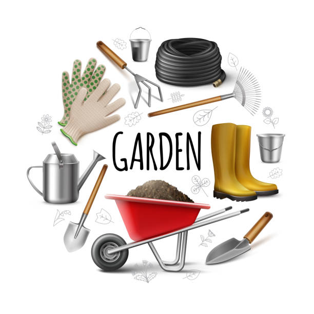 Realistic Garden Round Concept Realistic garden round concept with boots gloves watering can shovel rake trowel hose hoe buckets wheelbarrow of dirt isolated vector illustration watering pail stock illustrations