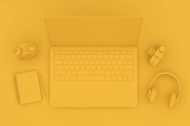 istock Top view desktop with Laptop, Minimal technology idea concept. 1139548911