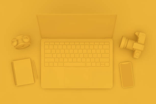 istock Top view desktop with Laptop, Minimal technology idea concept. 1139549513