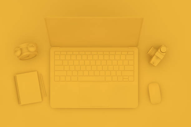 istock Top view desktop with Laptop, Minimal technology idea concept. 1139549601