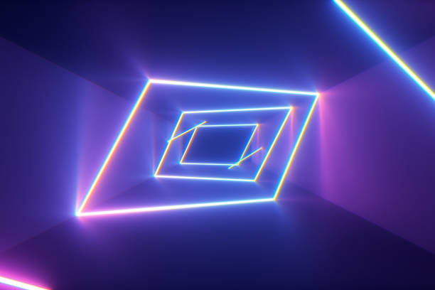 istock Abstract flying in futuristic corridor background, fluorescent ultraviolet light, glowing colorful laser neon lines, geometric endless tunnel, blue pink spectrum, 3d illustration 1139549825