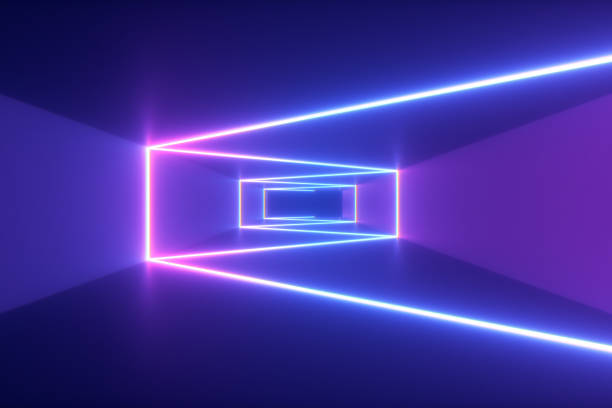 istock Abstract flying in futuristic corridor background, fluorescent ultraviolet light, glowing colorful laser neon lines, geometric endless tunnel, blue pink spectrum, 3d illustration 1139549828