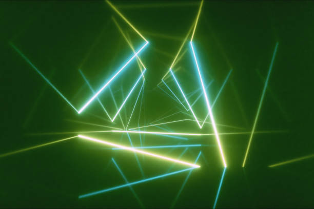 istock Abstract flying in futuristic corridor with triangles background, fluorescent ultraviolet light, colorful laser neon lines, geometric endless tunnel, blue green spectrum, 3d illustration 1139549857