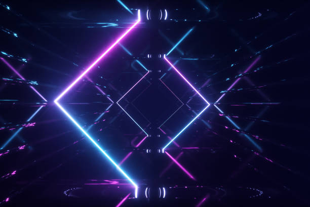 Abstract flying in futuristic corridor background, fluorescent ultraviolet light, mirror lines laser neon lines, geometric endless tunnel, 3d illustration, blue pink spectrum