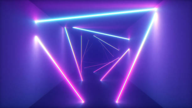 istock Abstract flying in futuristic corridor with triangles background, fluorescent ultraviolet light, colorful laser neon lines, geometric endless tunnel, blue pink spectrum, 3d illustration 1139549863