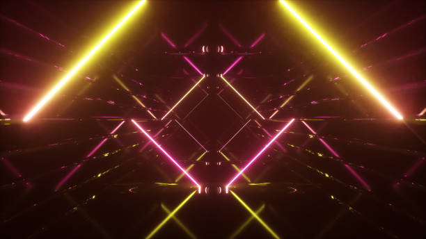 istock Abstract flying in futuristic corridor background, fluorescent ultraviolet light, mirror lines laser neon lines, geometric endless tunnel, 3d illustration, yellow pink spectrum 1139549881