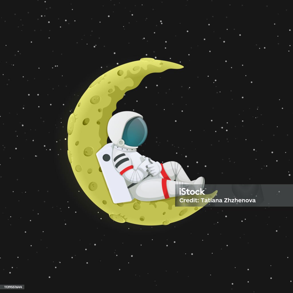 Ilustración de Astronauta De Dibujos Animados Reclinado En La Luna  Creciente Amarilla Espacio Exterior Con Estrellas En El Fondo Viaje  Espacial Ilustración De Exploración Vector y más Vectores Libres de  Derechos de