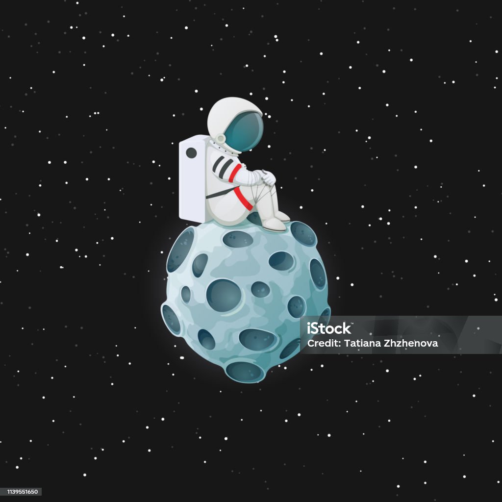 Ilustración de Astronauta De Dibujos Animados Deprimido Sentado En La Luna Con El Espacio Y Las Estrellas En El Fondo Vector Problema De Salud Mental Y La Ilustración De La Soledad y Ilustración de Astronauta De Dibujos Animados Deprimido Sentado En La Luna Con El Espacio Y Las Estrellas En El Fondo Vector Problema De Salud Mental Y La Ilustración De La Soledad y