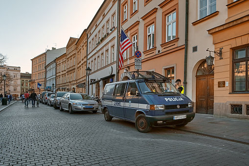 Krakow, Poland - August 7, 2018: Police on the old central street in old Krakow.