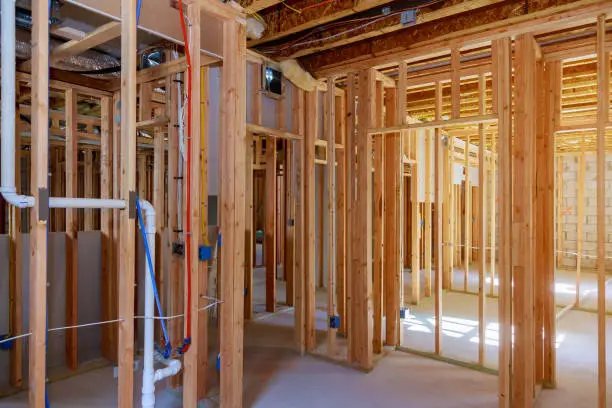 Photo of interior frame of a new house under construction