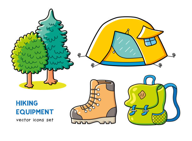 ilustraciones, imágenes clip art, dibujos animados e iconos de stock de acampar tienda de campaña turística, árboles forestales, botas de trekking, mochila de viaje aislada. - tent camping dome tent single object