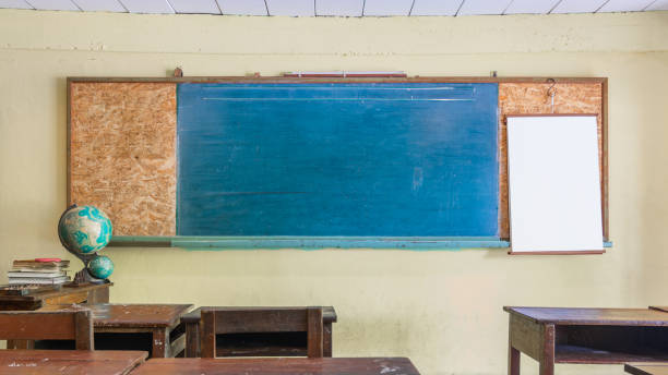 istock Vintage retro classroom interior with empty chalkboard for your copy space. Education and school background concept. Blank blue chalkboard in front of  school class with wooden student desks and chairs . 1139556310