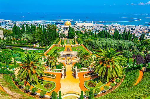 Aerial view of Bahai gardens in Haifa, Israel