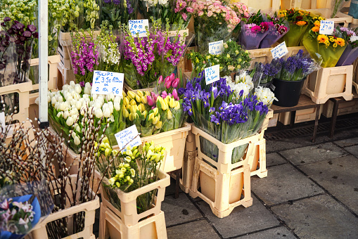 Various flowers on display at street flower stall in London market, Bouquets displayed inside plastic boxes
