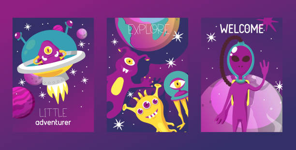 Monster alien set of cards vector illustration. Cartoon monstrous character, cute alienated creature or funny gremlin on halloween for kids. Spacecraft in cosmos among stars. Alien set of cards vector illustration. Cartoon monstrous character, cute alienated creature or funny gremlin on halloween for kids. Spacecraft in cosmos among stars. Little adventurer. Explore. alien invasion stock illustrations