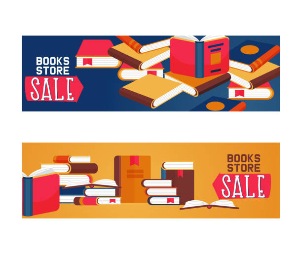 ilustrações de stock, clip art, desenhos animados e ícones de book store sale set of banners, posters vector illustration. pile of books, open and closed. knowledge, learning and education. brain sign. studying literature. reading concept. - success practicing book stack