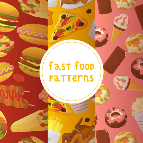 istock Fast food seamless pattern vector illustration. Eating out. Quick way to have meal. Pizza, taco, beverage, soda, french fries, chicken wings, chips, donut, popcorn, noodles, hamburger. 1139568215
