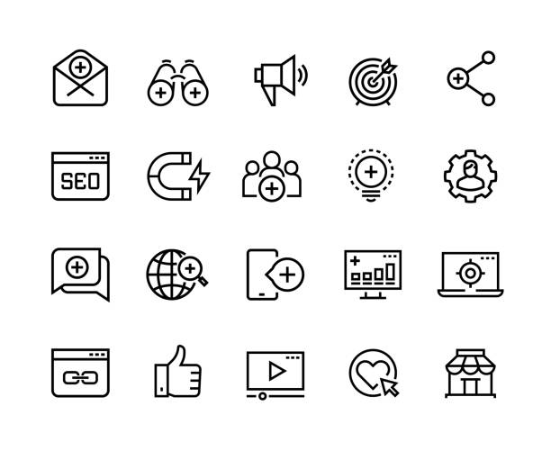 ilustrações de stock, clip art, desenhos animados e ícones de inbound marketing line icons. lead social media, action marketing influence and target audience attraction. marketing vector symbols - graphite