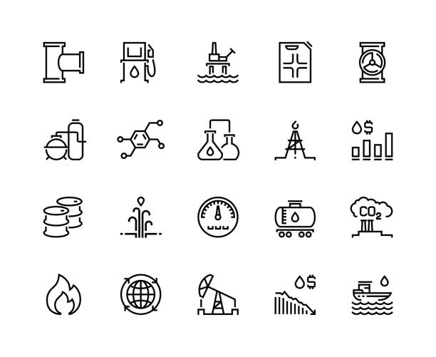 illustrations, cliparts, dessins animés et icônes de icônes de ligne d’huile. station de combustible de gaz, réservoir d’essence de l’industrie chimique, usine de raffinerie de pétrole, plate-forme de forage d’huile. vecteur de carburant - oil rig sea drill petroleum