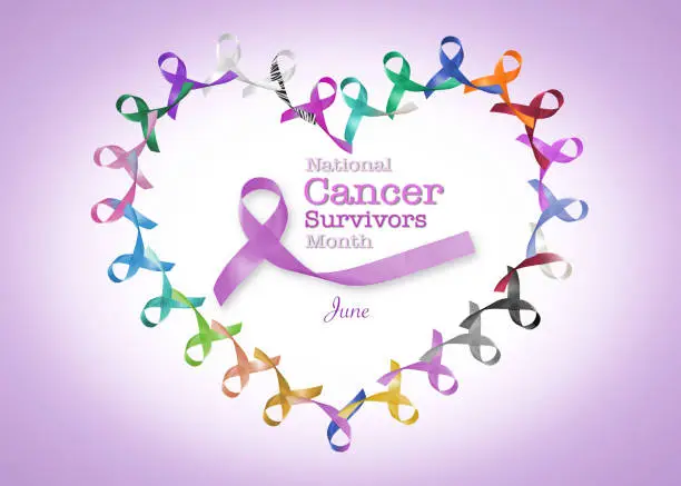 National cancer survivor month, June with heart shape cycle of multi-color and lavender purple ribbons raising awareness of all kind tumors