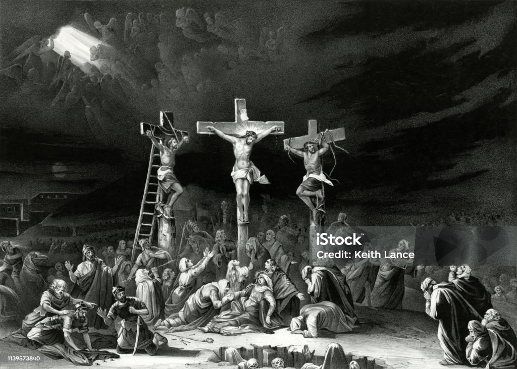 The Crucifixion of Jesus Christ Vintage image depicting the scene of Jesus Christ being crucified on the cross. Jesus Christ stock illustration