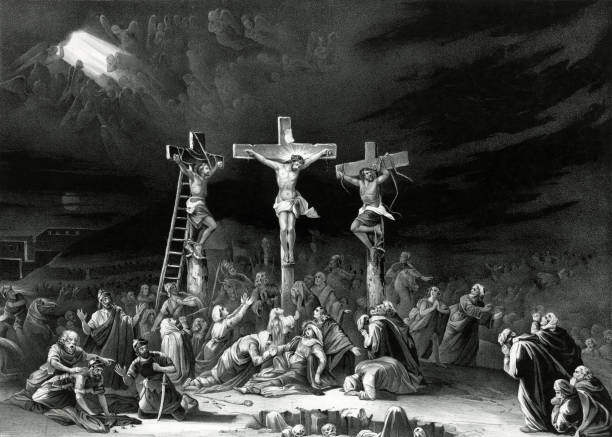 The Crucifixion of Jesus Christ Vintage image depicting the scene of Jesus Christ being crucified on the cross. the passion of jesus stock illustrations