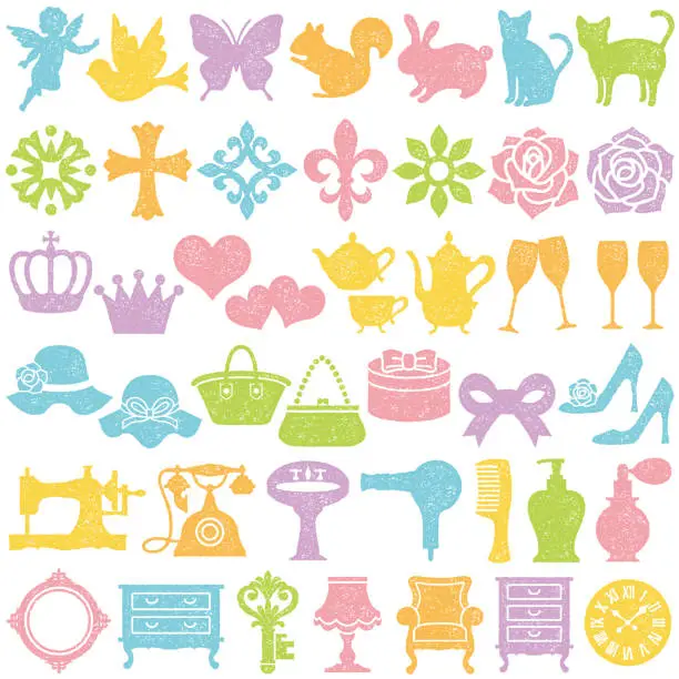 Vector illustration of Set of girly icons. stamp set.