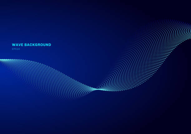 illustrazioni stock, clip art, cartoni animati e icone di tendenza di design astratto della rete con onda blu chiaro delle particelle. particelle dinamiche onda sonora che scorre su punti luminosi sfondo scuro. - twisted light striped abstract