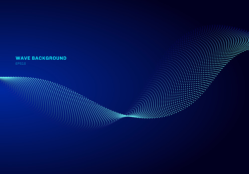 Abstract network design with particle light blue wave. Dynamic particles sound wave flowing on glowing dots dark background. Vector illustration