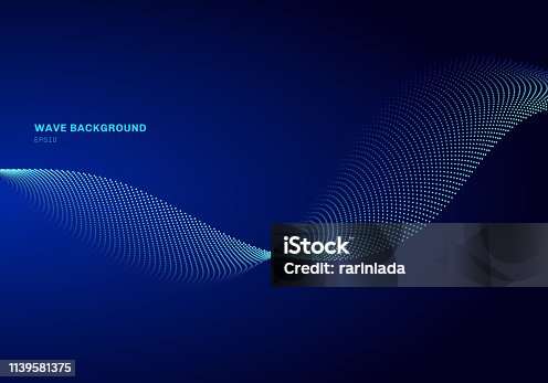 istock Abstract network design with particle light blue wave. Dynamic particles sound wave flowing on glowing dots dark background. 1139581375
