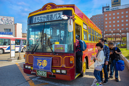 Aizuwakamatsu , Japan - April 21 2018: Aizu Loop Bus operated from Aizu-wakamatsu station, the buses has 2 routes, travel clockwise and counter clockwise to all tourist destinations