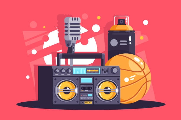 illustrazioni stock, clip art, cartoni animati e icone di tendenza di attrezzatura hip-hop piatta con spray, microfono, basket, boombox. - dj disco ball