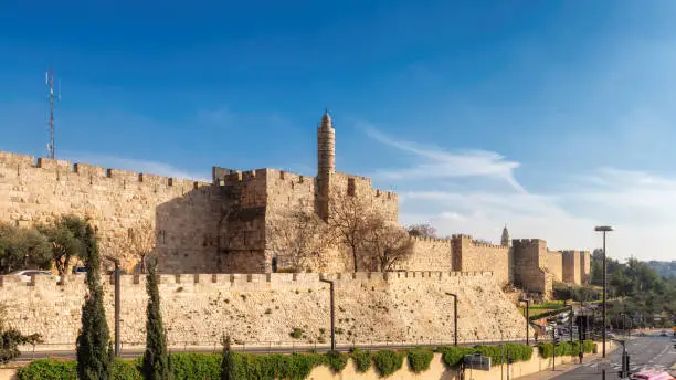 David's tower at sunset in old city of Jerusalem, Israel