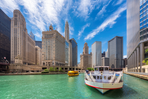 Chicago downtown and Chicago River at summer time