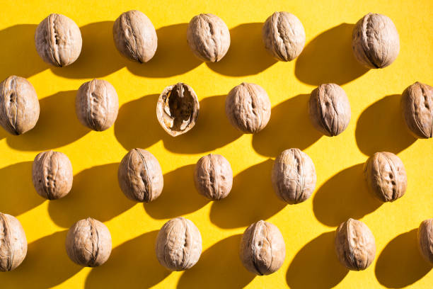 istock Walnuts lie in rows on a yellow cardboard, among them one shell 1139600302