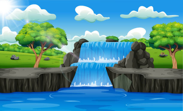 森の滝の風景の背景 - waterfall river tropical rainforest vector点のイラスト素材／クリップアート素材／マンガ素材／アイコン素材