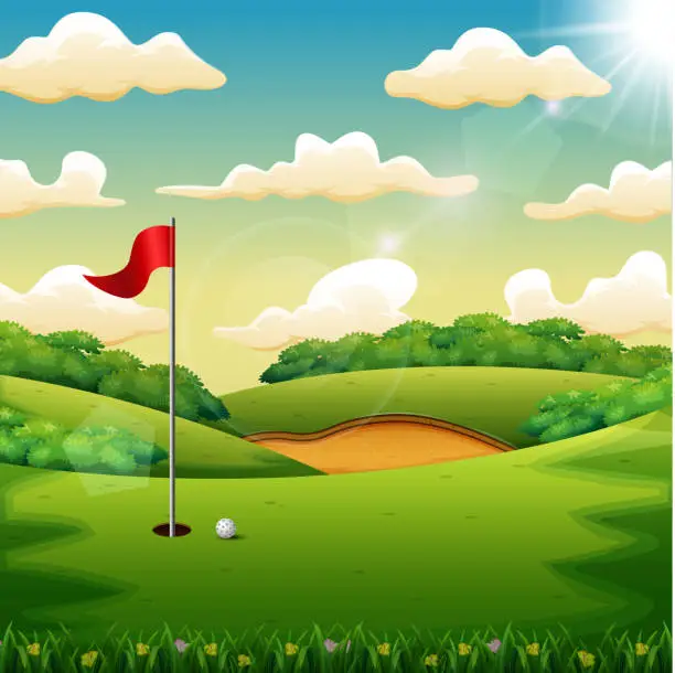 Vector illustration of Golf ball and a flag on green hill