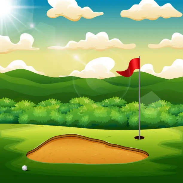 Vector illustration of Golf ball and a flag on green hill of golf court