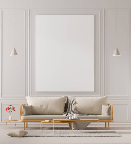 istock Mock up poster frame in scandinavian style interior. Minimalist interior design. 3D illustration. 1139608103