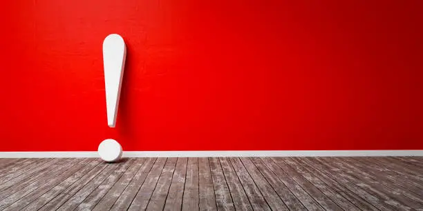 Red exclamation mark on wooden floor and concrete wall 3D Illustration Warning Concept