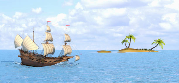 istock Sailing ship wooden old, in the sea. 1139609828